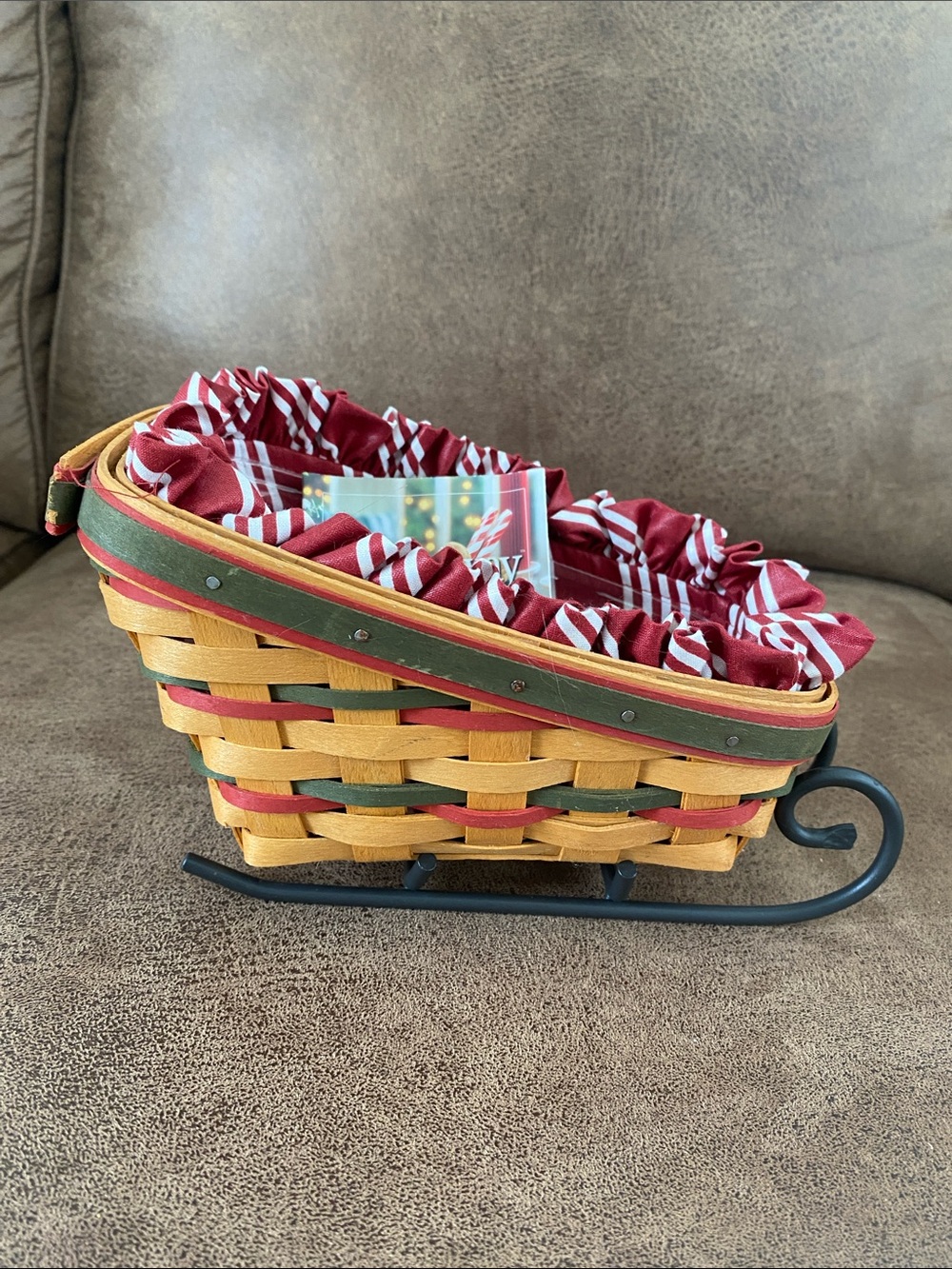 Longaberger Holiday Sleigh Basket Woven Decor Brown & Green